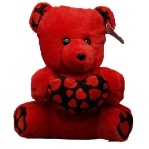 Soft Toy Teddy Bear 20cm Holding Red Heart Written I Love You, With Shiny Legs & Ears, Red / Brown