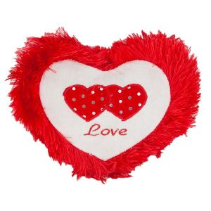 White Pillow With Red Fluffy Border Writtn Love With Two Red Heart In Centre